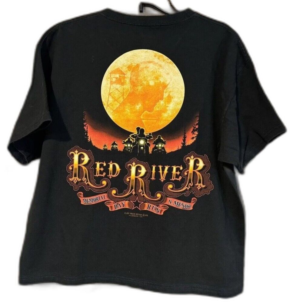 Red River NM Memorial Day Run T-Shirt Large Black Graphic Tee Motorcycle Moon